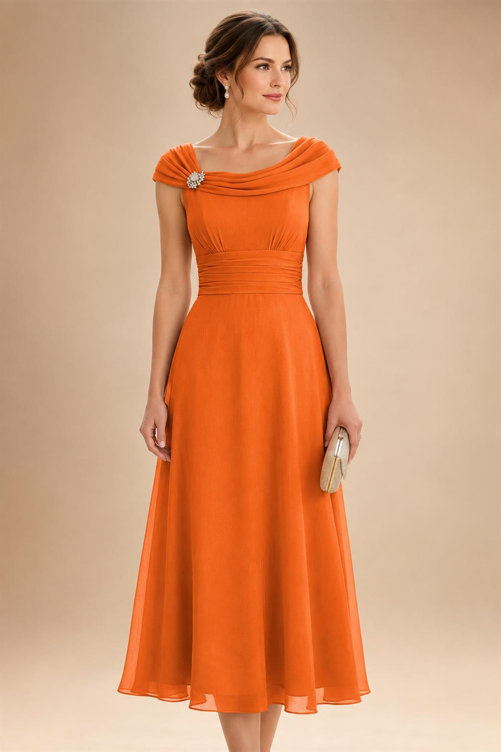 Lightweight Sheath Tea-Length Chiffon Mother of the Bride & Groom Dresses with Cowl Neck & Ruched Waist (SHI22500689)