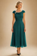 Lightweight Sheath Tea-Length Chiffon Mother of the Bride & Groom Dresses with Cowl Neck & Ruched Waist (SHI22500689)