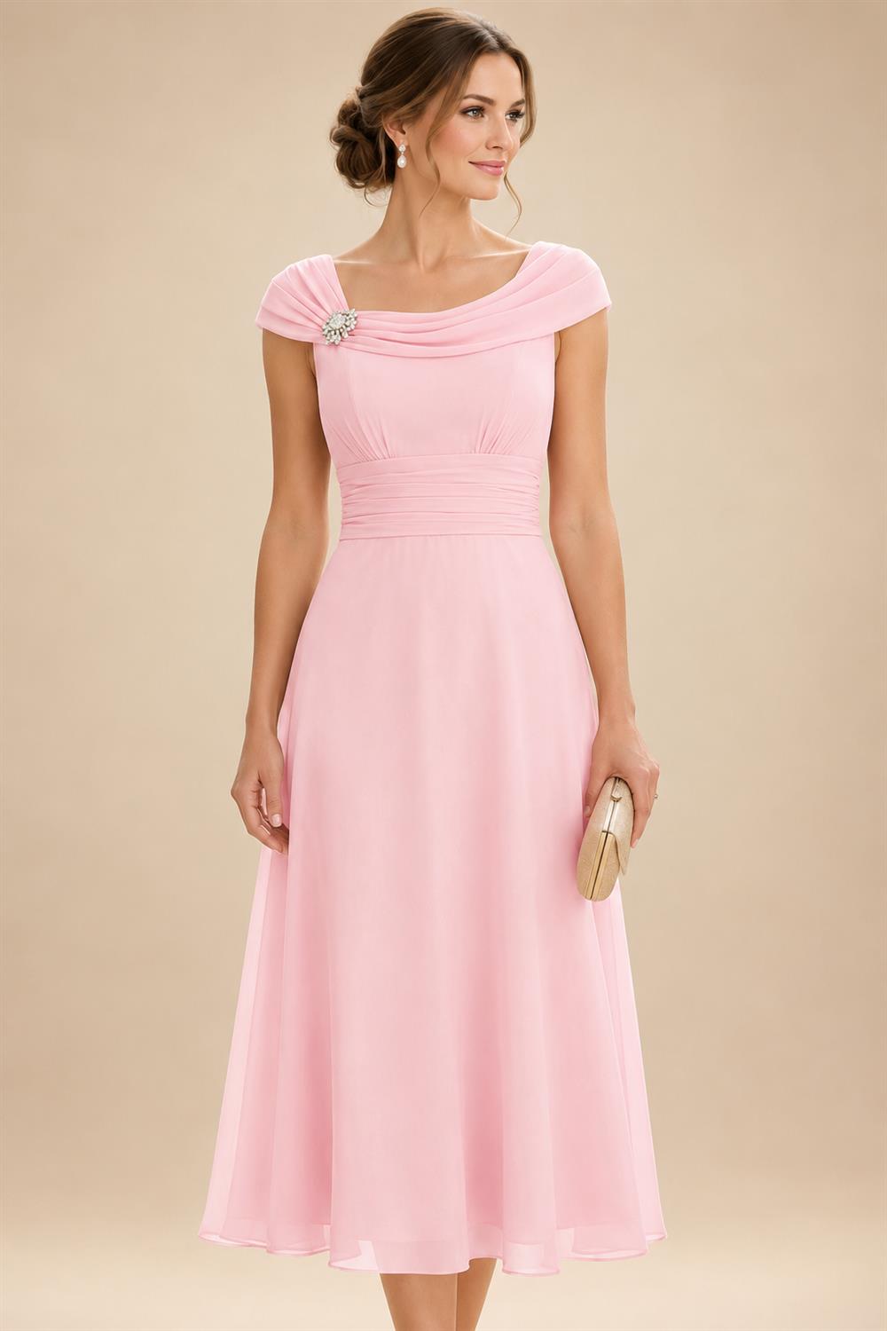Lightweight Sheath Tea-Length Chiffon Mother of the Bride & Groom Dresses with Cowl Neck & Ruched Waist (SHI22500689)