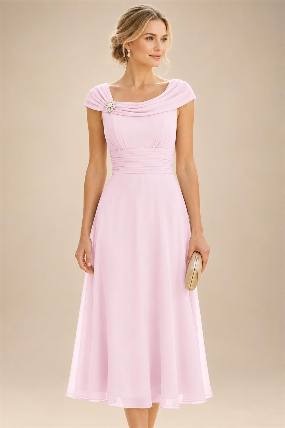 Lightweight Sheath Tea-Length Chiffon Mother of the Bride & Groom Dresses with Cowl Neck & Ruched Waist (SHI22500689)