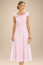 Lightweight Sheath Tea-Length Chiffon Mother of the Bride & Groom Dresses with Cowl Neck & Ruched Waist (SHI22500689)