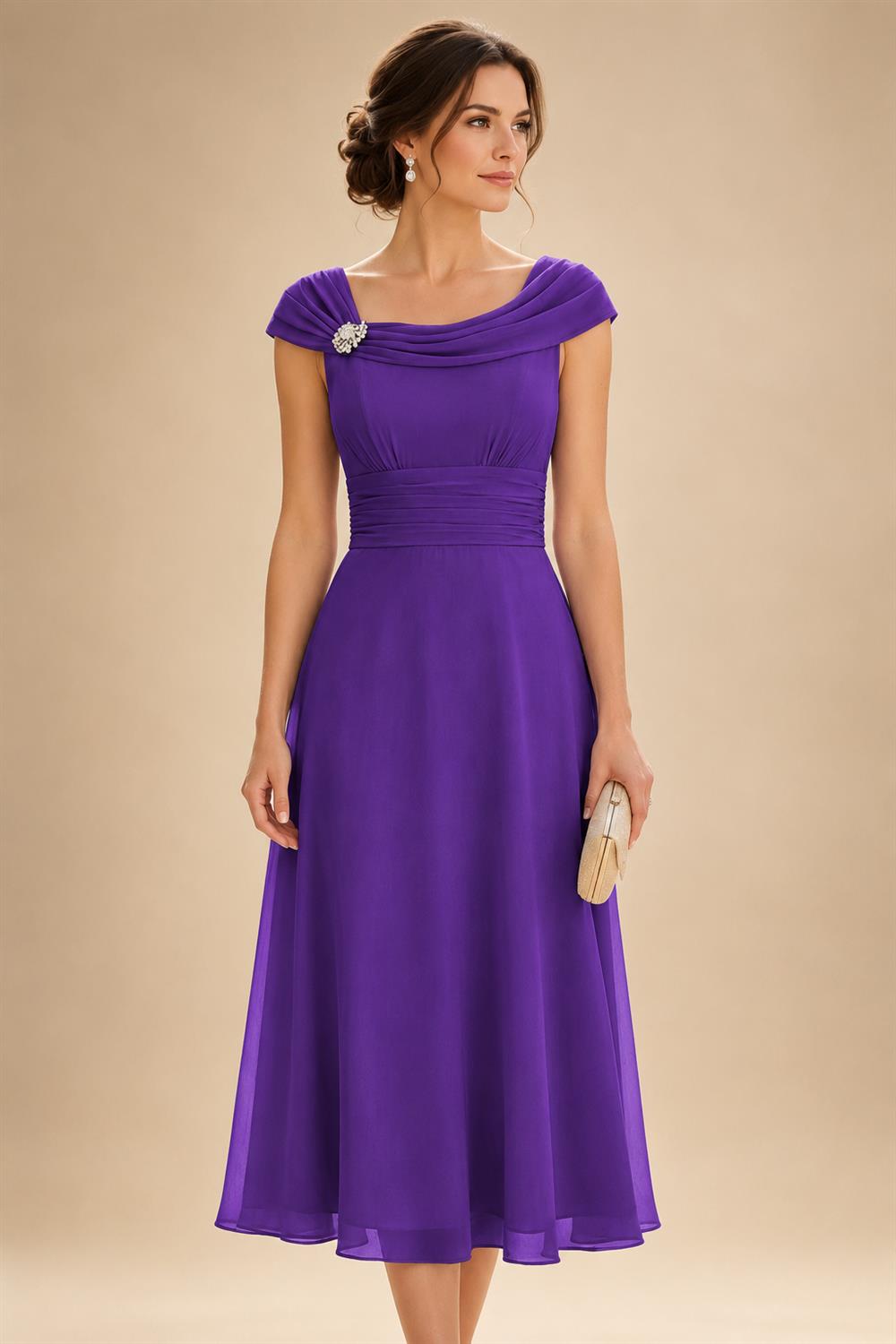 Lightweight Sheath Tea-Length Chiffon Mother of the Bride & Groom Dresses with Cowl Neck & Ruched Waist (SHI22500689)