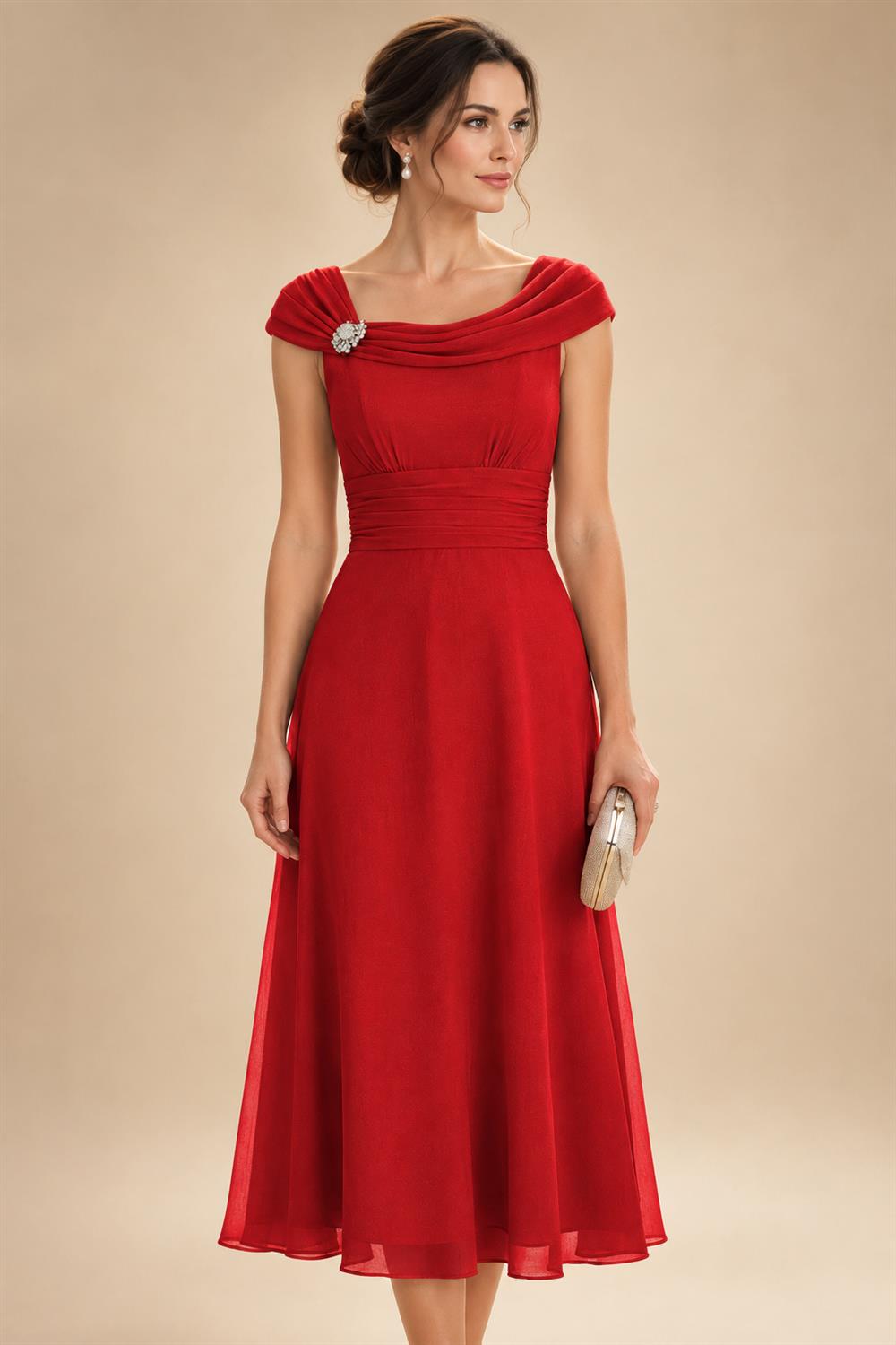 Lightweight Sheath Tea-Length Chiffon Mother of the Bride & Groom Dresses with Cowl Neck & Ruched Waist (SHI22500689)