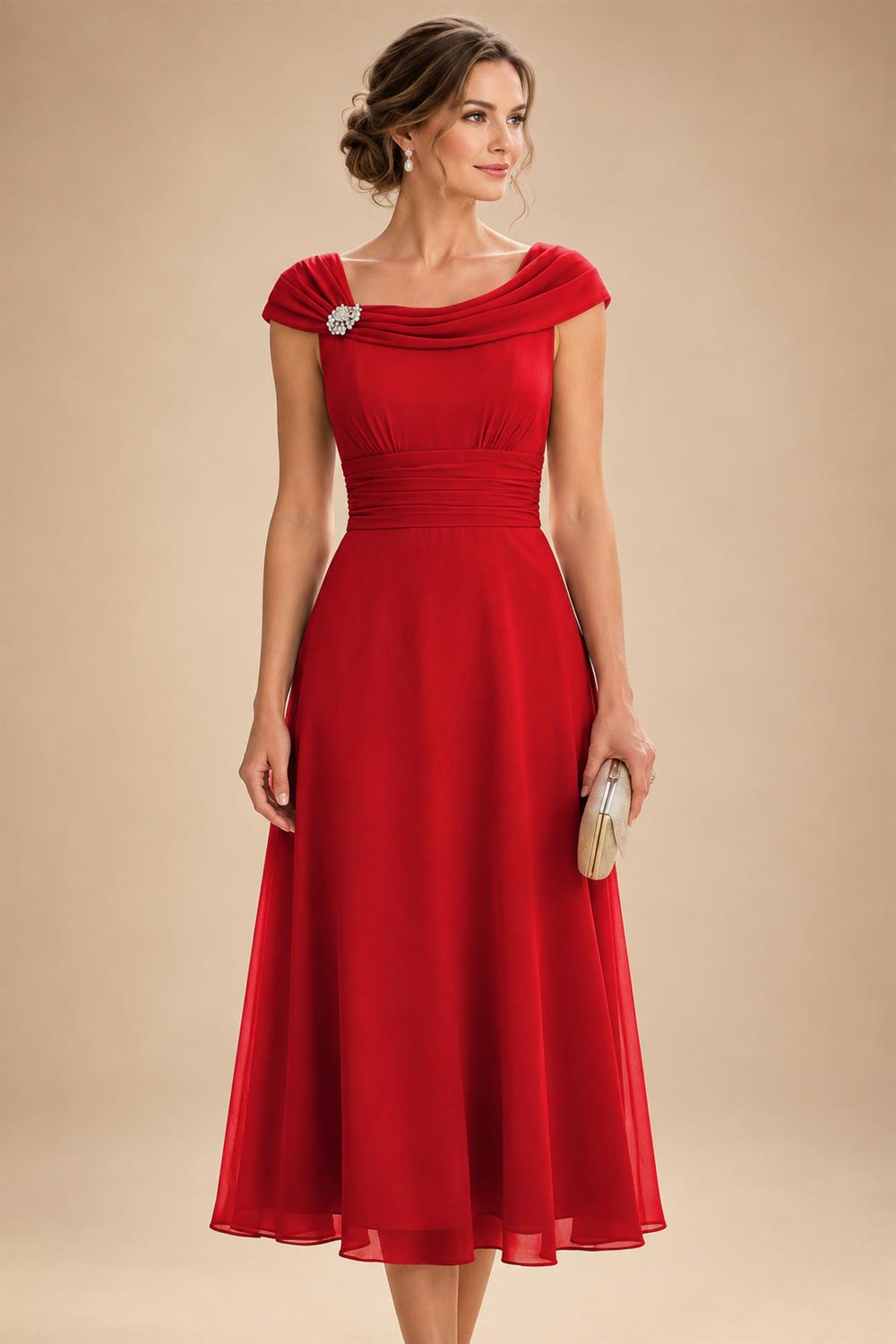 Lightweight Sheath Tea-Length Chiffon Mother of the Bride & Groom Dresses with Cowl Neck & Ruched Waist (SHI22500689)