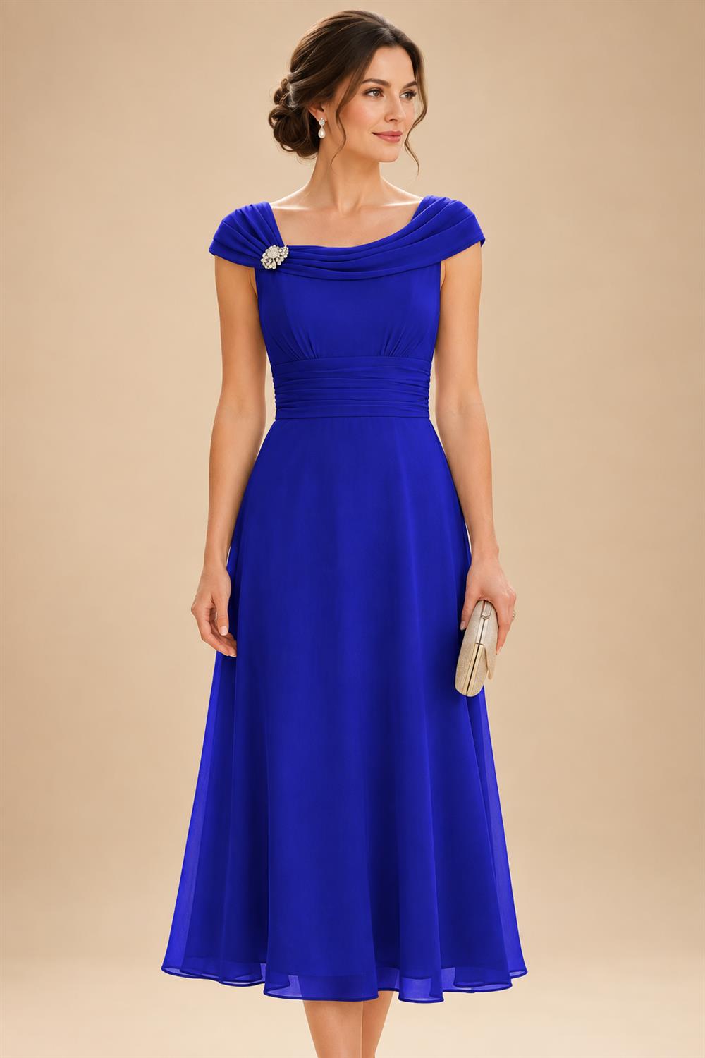 Lightweight Sheath Tea-Length Chiffon Mother of the Bride & Groom Dresses with Cowl Neck & Ruched Waist (SHI22500689)