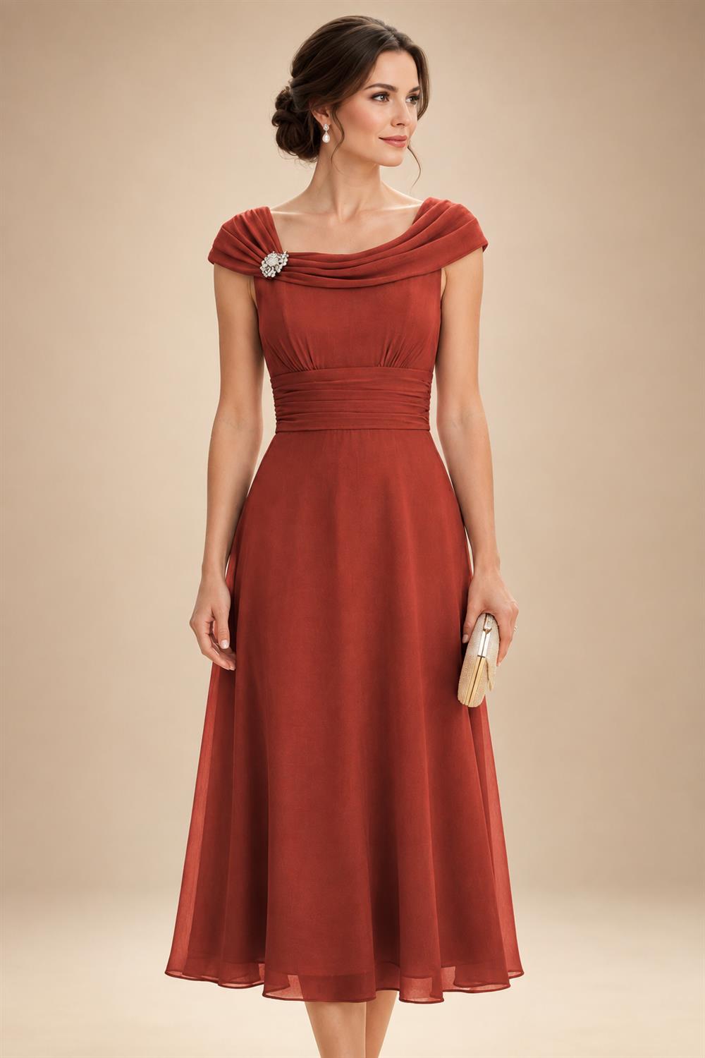 Lightweight Sheath Tea-Length Chiffon Mother of the Bride & Groom Dresses with Cowl Neck & Ruched Waist (SHI22500689)