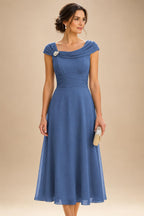 Lightweight Sheath Tea-Length Chiffon Mother of the Bride & Groom Dresses with Cowl Neck & Ruched Waist (SHI22500689)