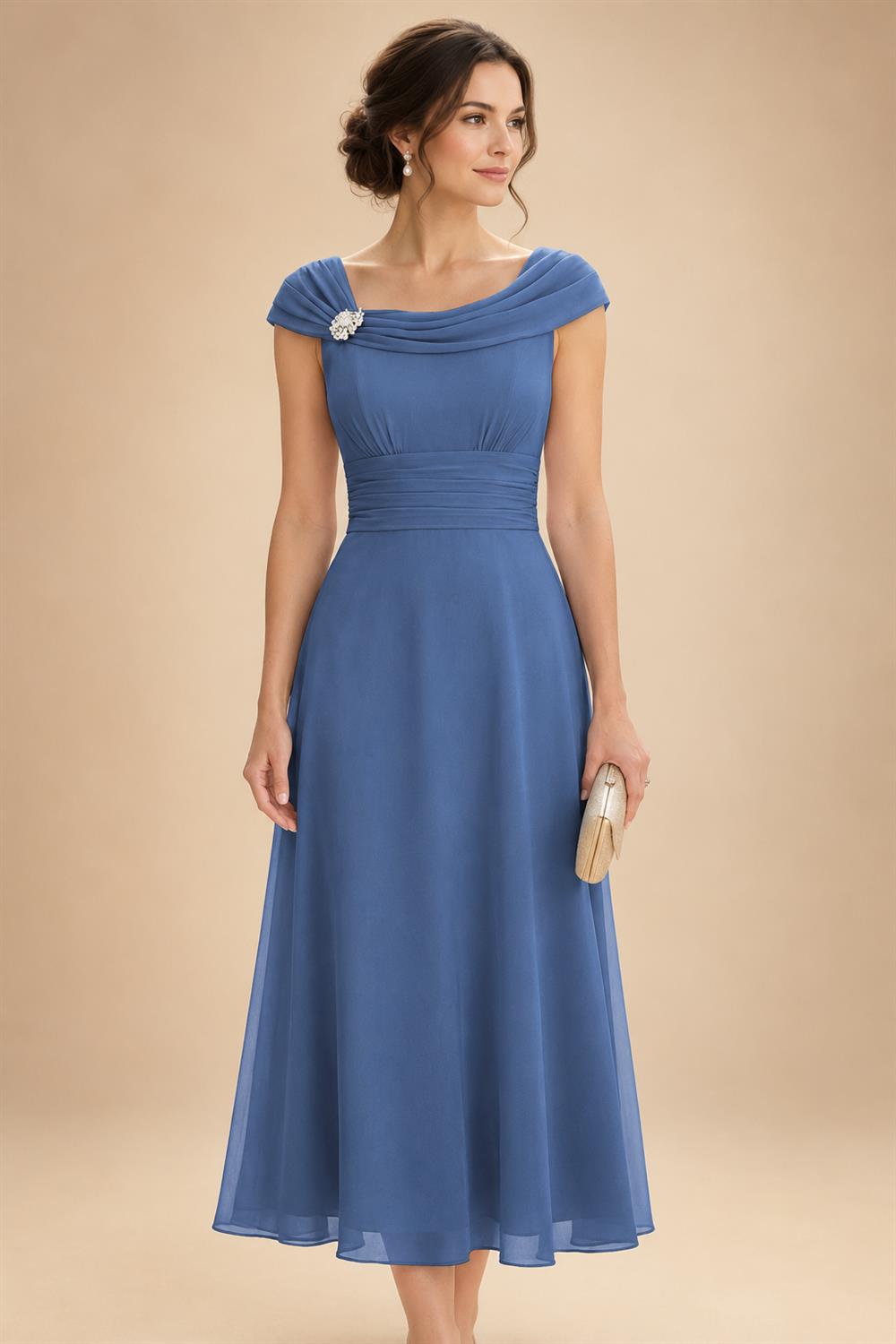 Lightweight Sheath Tea-Length Chiffon Mother of the Bride & Groom Dresses with Cowl Neck & Ruched Waist (SHI22500689)