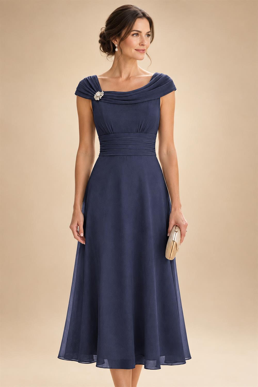 Lightweight Sheath Tea-Length Chiffon Mother of the Bride & Groom Dresses with Cowl Neck & Ruched Waist (SHI22500689)