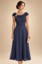 Lightweight Sheath Tea-Length Chiffon Mother of the Bride & Groom Dresses with Cowl Neck & Ruched Waist (SHI22500689)