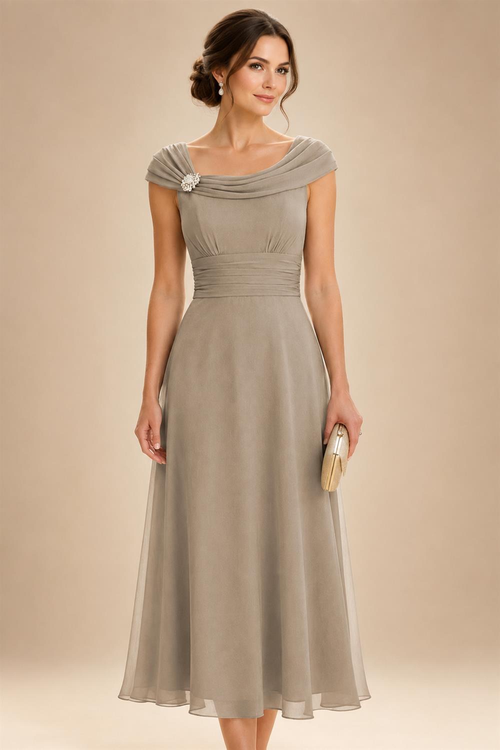 Lightweight Sheath Tea-Length Chiffon Mother of the Bride & Groom Dresses with Cowl Neck & Ruched Waist (SHI22500689)