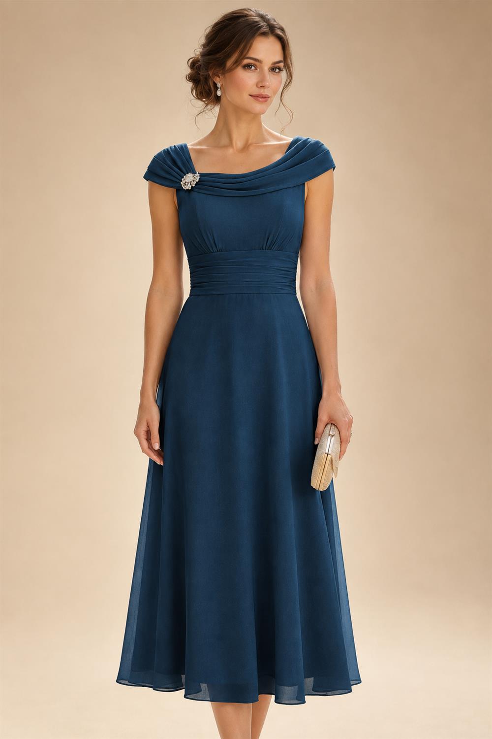 Lightweight Sheath Tea-Length Chiffon Mother of the Bride & Groom Dresses with Cowl Neck & Ruched Waist (SHI22500689)