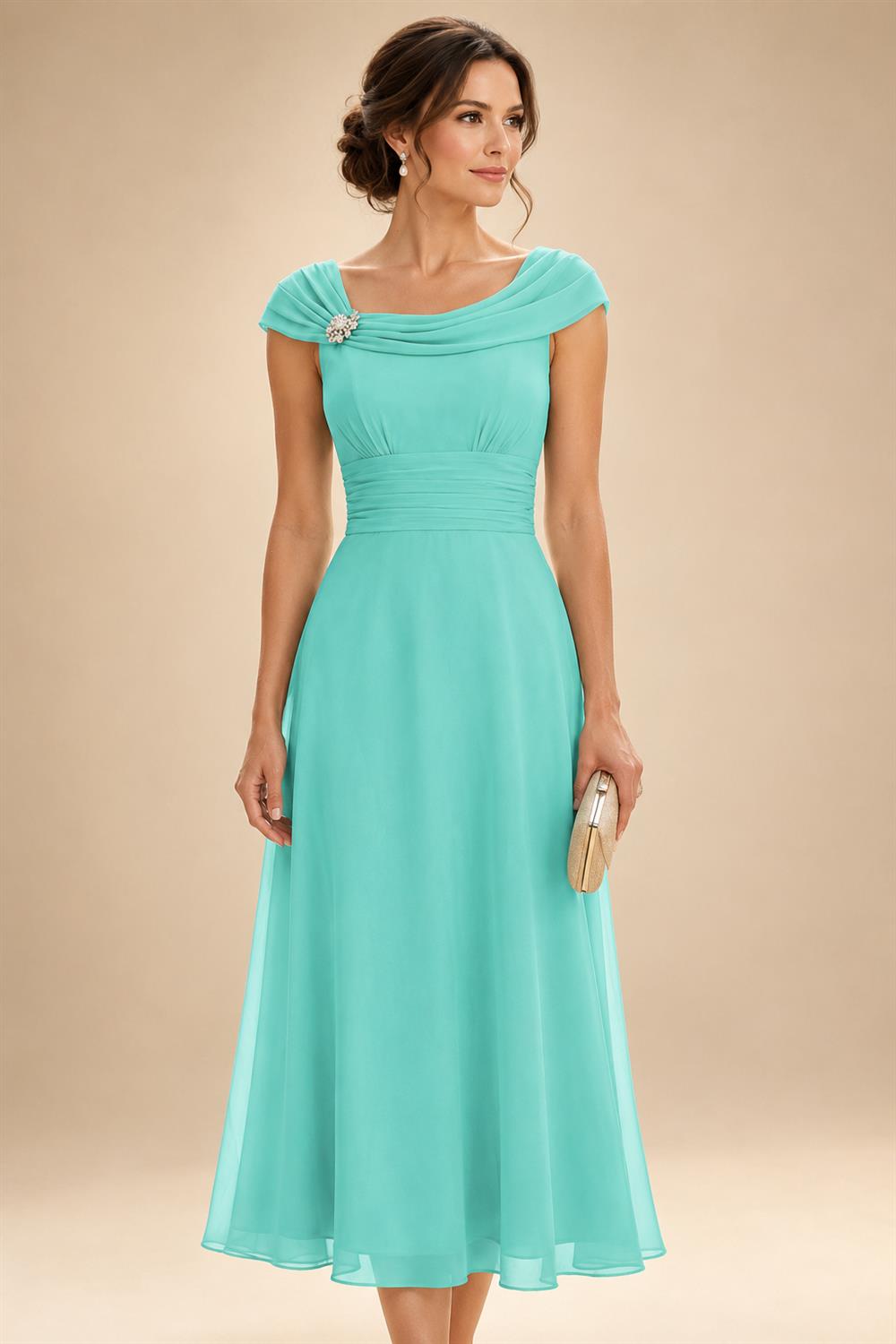 Lightweight Sheath Tea-Length Chiffon Mother of the Bride & Groom Dresses with Cowl Neck & Ruched Waist (SHI22500689)