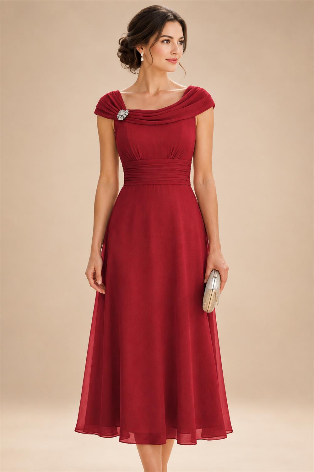Lightweight Sheath Tea-Length Chiffon Mother of the Bride & Groom Dresses with Cowl Neck & Ruched Waist (SHI22500689)