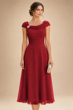Lightweight Sheath Tea-Length Chiffon Mother of the Bride & Groom Dresses with Cowl Neck & Ruched Waist (SHI22500689)