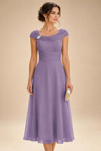 Lightweight Sheath Tea-Length Chiffon Mother of the Bride & Groom Dresses with Cowl Neck & Ruched Waist (SHI22500689)