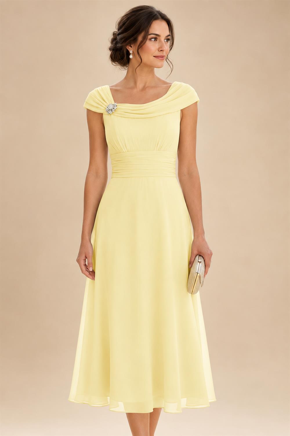 Lightweight Sheath Tea-Length Chiffon Mother of the Bride & Groom Dresses with Cowl Neck & Ruched Waist (SHI22500689)