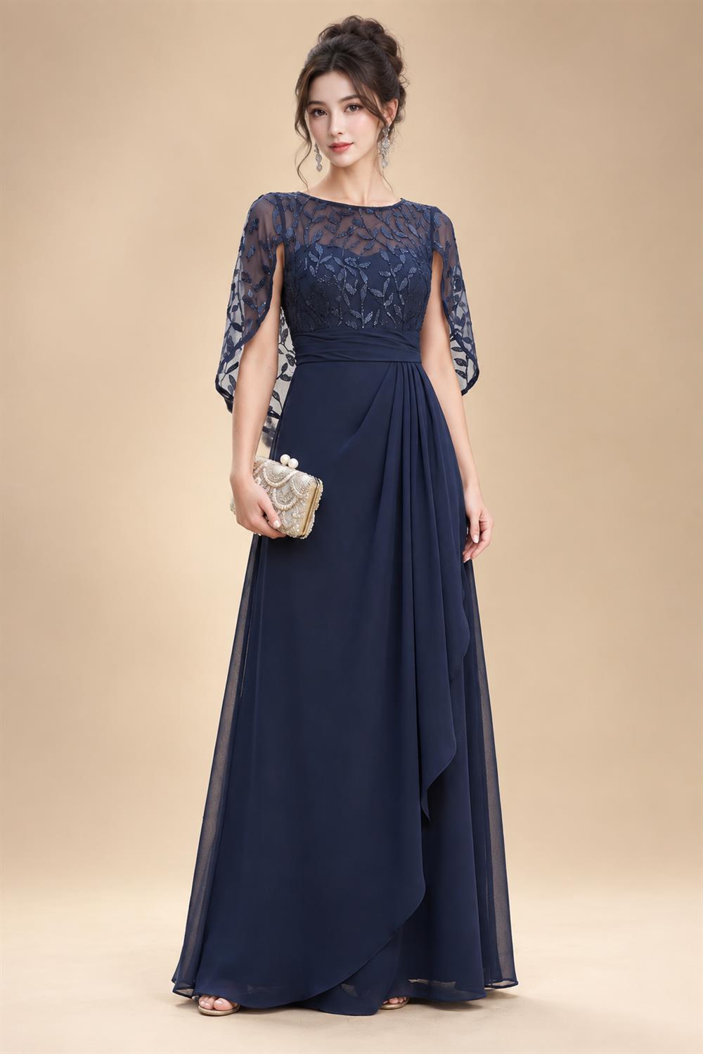 A-Line Chiffon Cape Sleeves Floor-Length Mother of the Bride & Groom Dresses with Floral Sequin Bodice (SHI22500691)