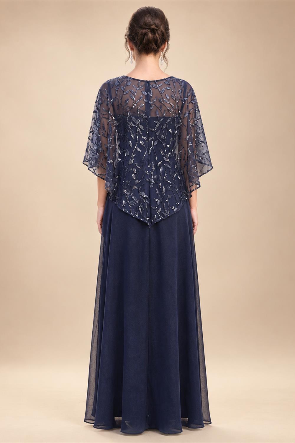 A-Line Chiffon Cape Sleeves Floor-Length Mother of the Bride & Groom Dresses with Floral Sequin Bodice (SHI22500691)