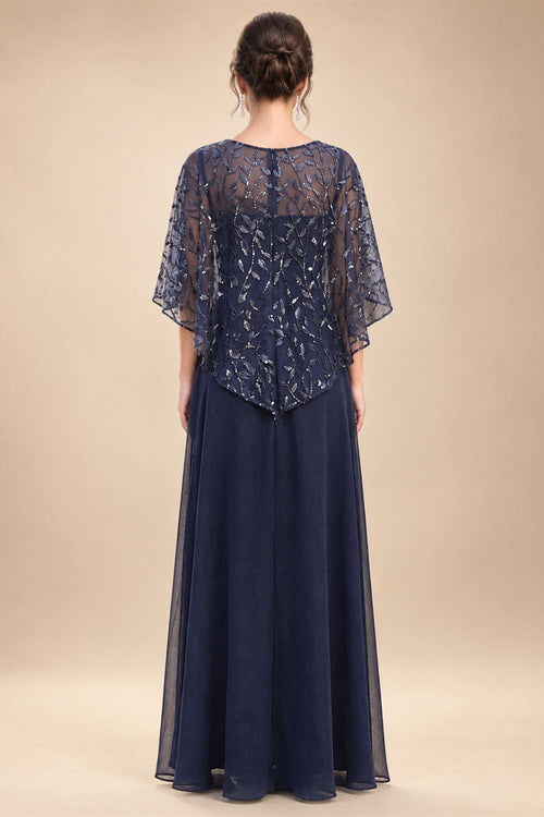 A-Line Chiffon Cape Sleeves Floor-Length Mother of the Bride & Groom Dresses with Floral Sequin Bodice (SHI22500691)