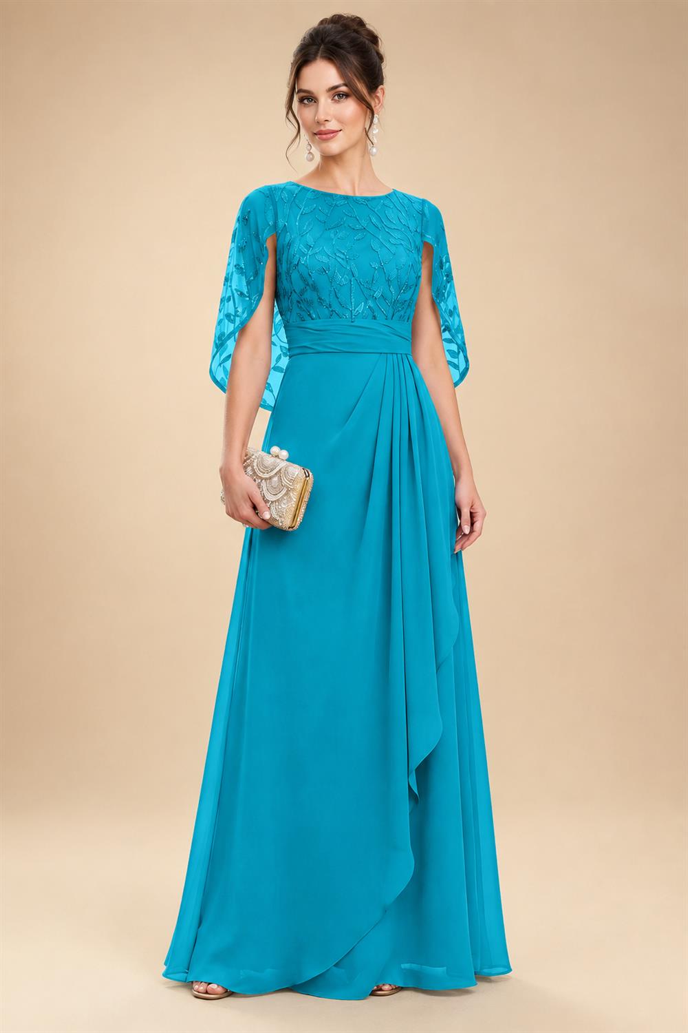 A-Line Chiffon Cape Sleeves Floor-Length Mother of the Bride & Groom Dresses with Floral Sequin Bodice (SHI22500691)