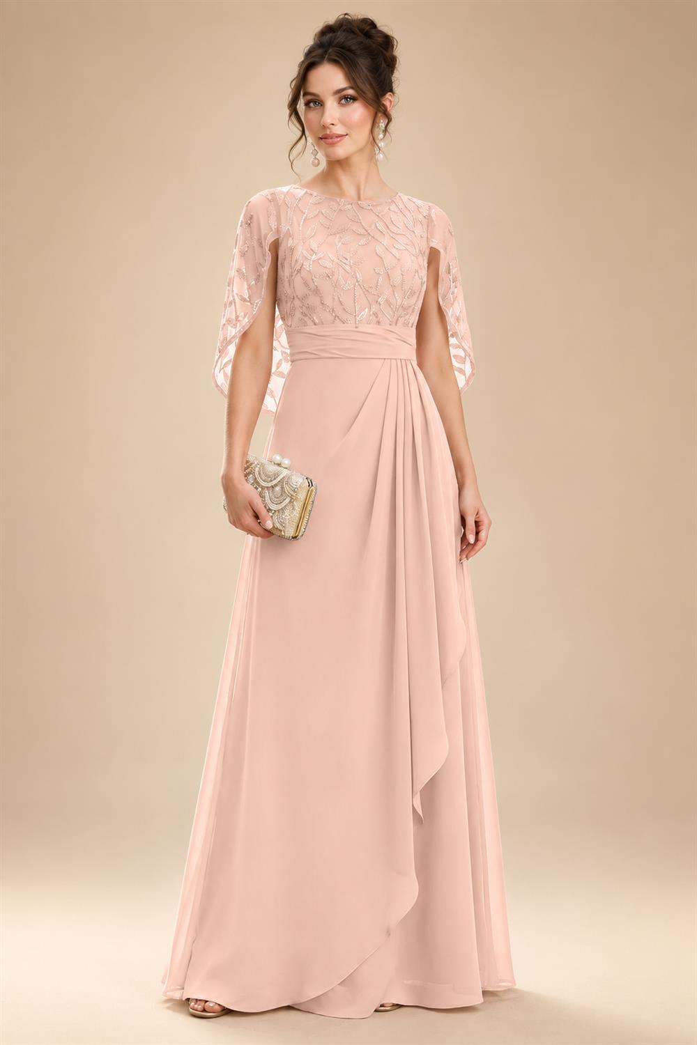 A-Line Chiffon Cape Sleeves Floor-Length Mother of the Bride & Groom Dresses with Floral Sequin Bodice (SHI22500691)