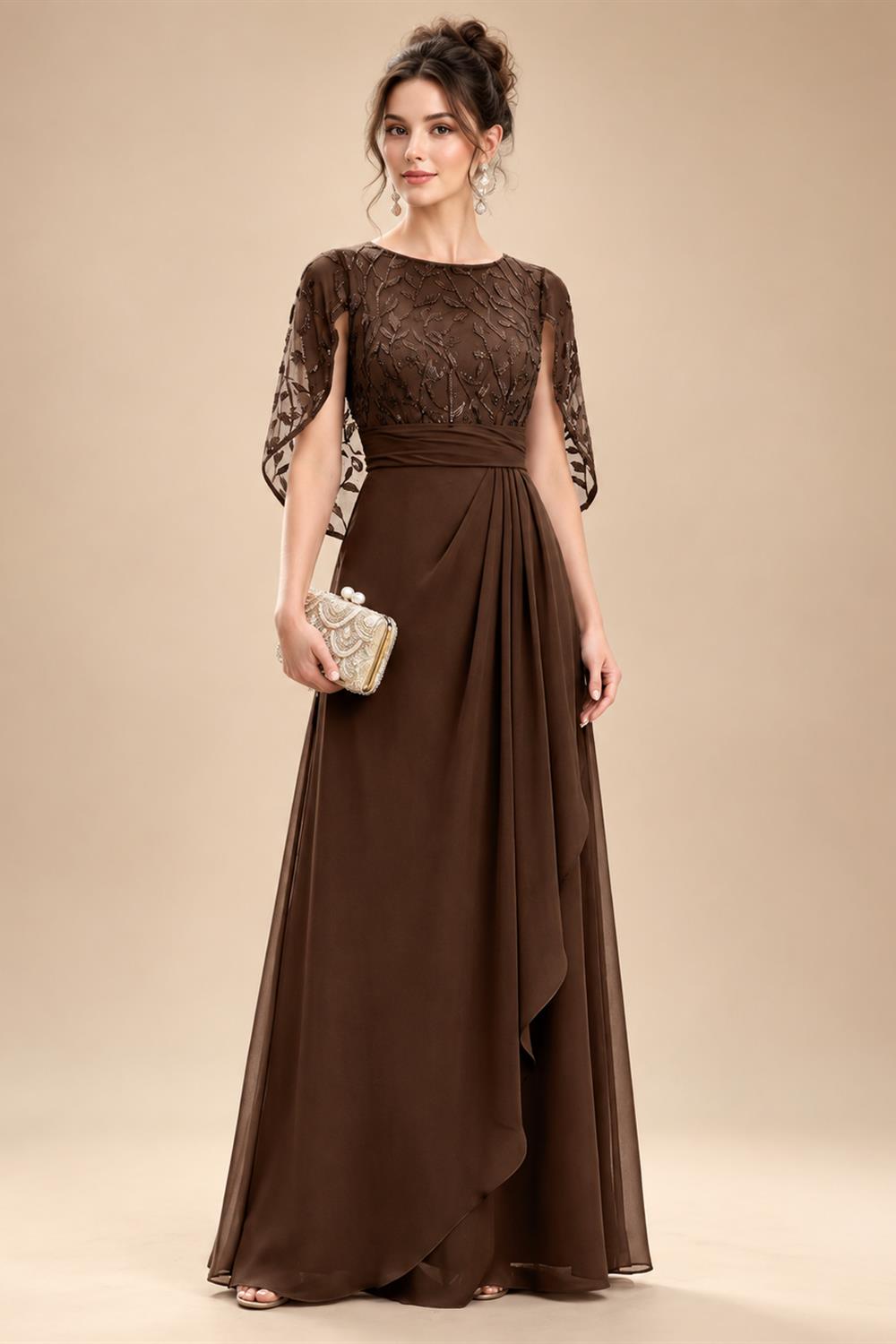 A-Line Chiffon Cape Sleeves Floor-Length Mother of the Bride & Groom Dresses with Floral Sequin Bodice (SHI22500691)