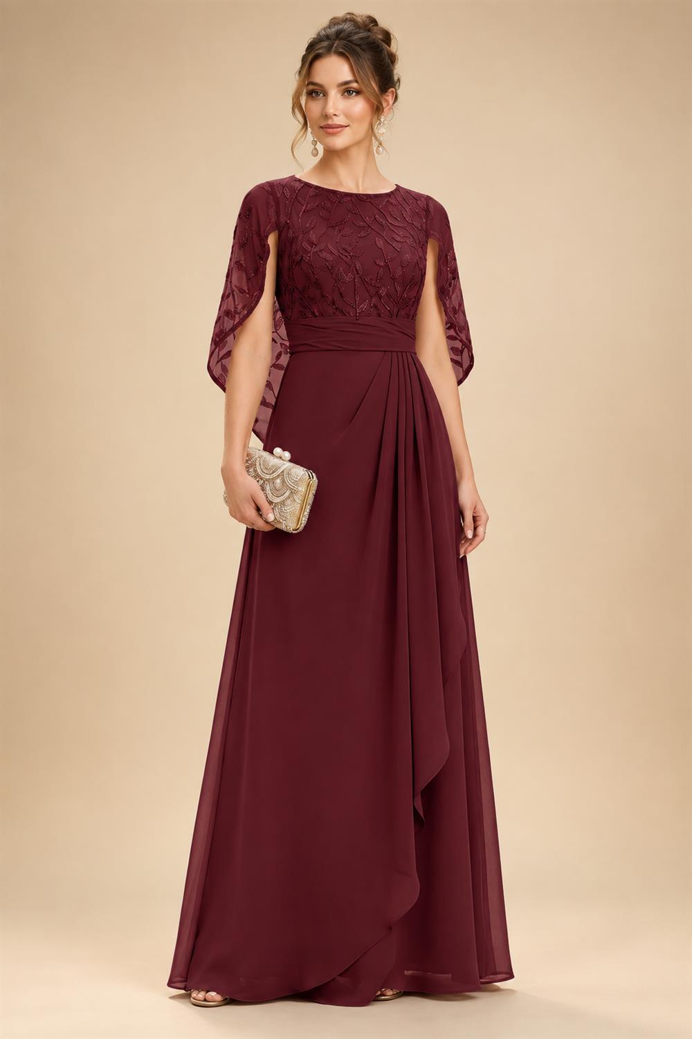A-Line Chiffon Cape Sleeves Floor-Length Mother of the Bride & Groom Dresses with Floral Sequin Bodice (SHI22500691)