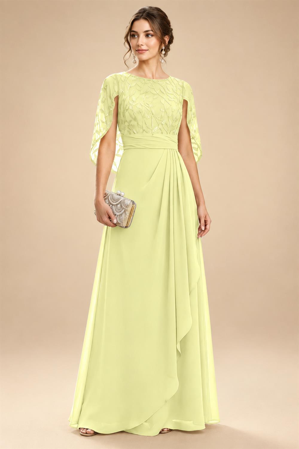 A-Line Chiffon Cape Sleeves Floor-Length Mother of the Bride & Groom Dresses with Floral Sequin Bodice (SHI22500691)