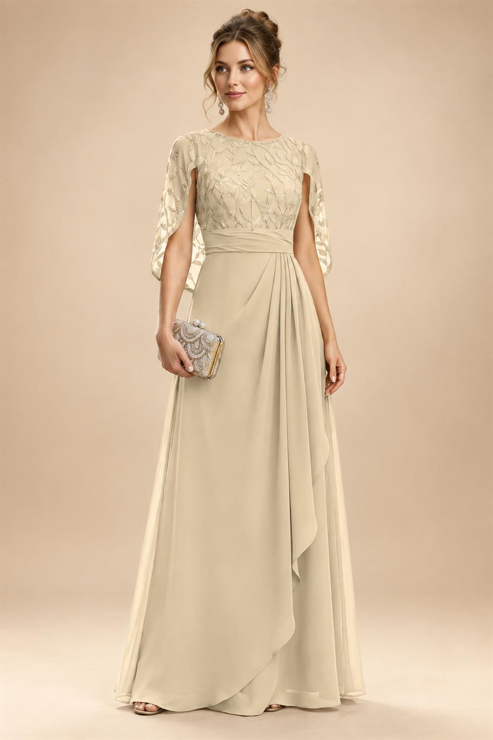 A-Line Chiffon Cape Sleeves Floor-Length Mother of the Bride & Groom Dresses with Floral Sequin Bodice (SHI22500691)