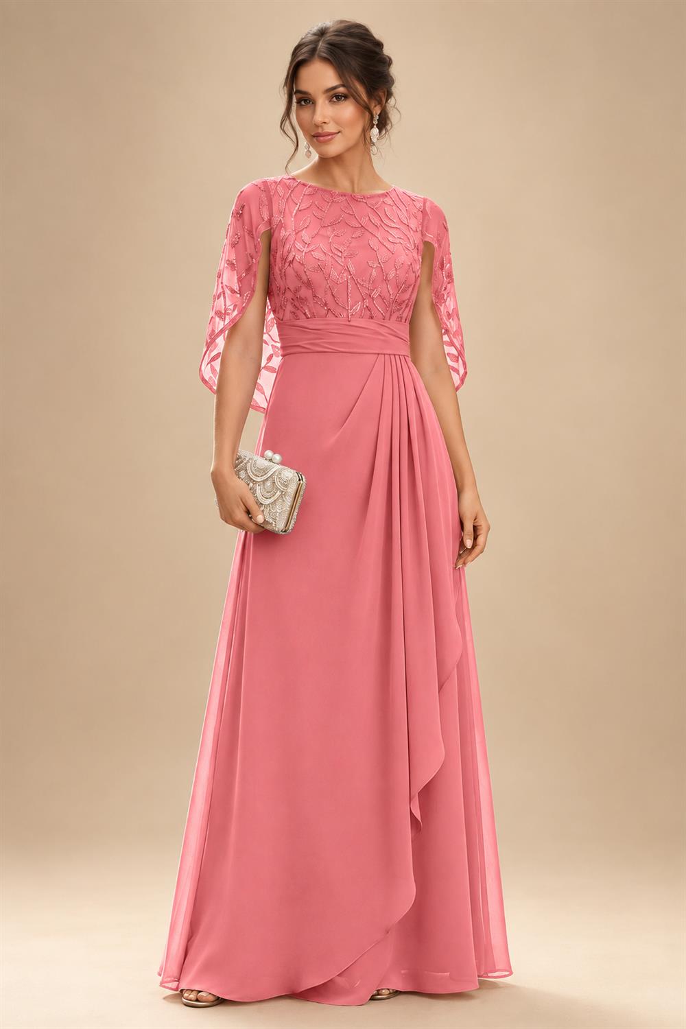 A-Line Chiffon Cape Sleeves Floor-Length Mother of the Bride & Groom Dresses with Floral Sequin Bodice (SHI22500691)