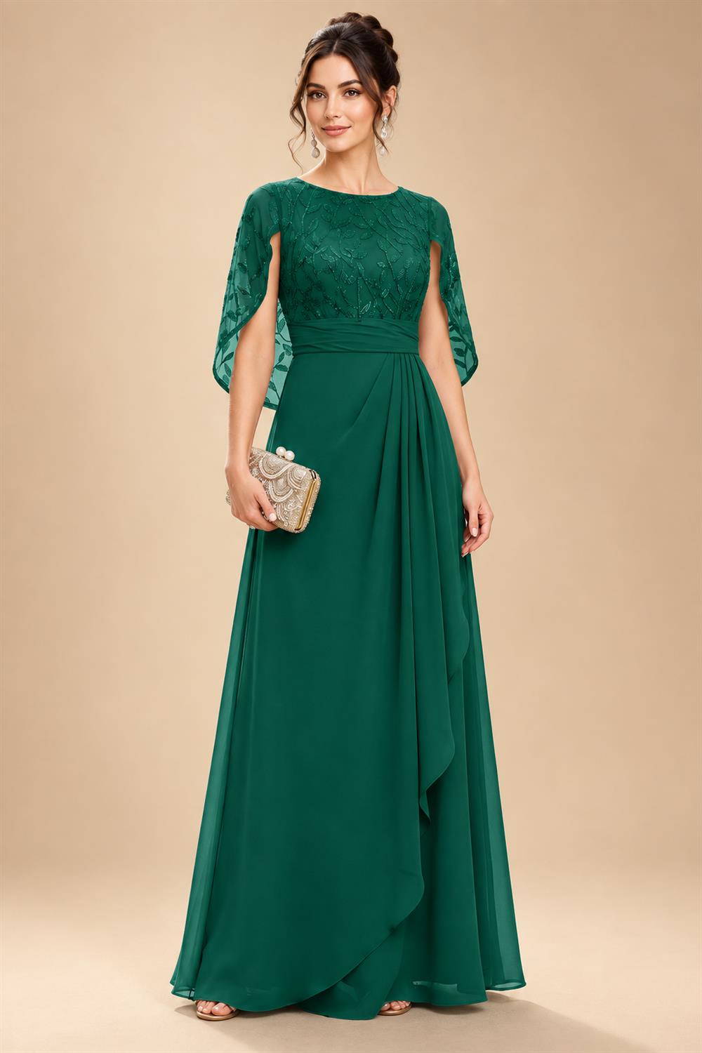 A-Line Chiffon Cape Sleeves Floor-Length Mother of the Bride & Groom Dresses with Floral Sequin Bodice (SHI22500691)