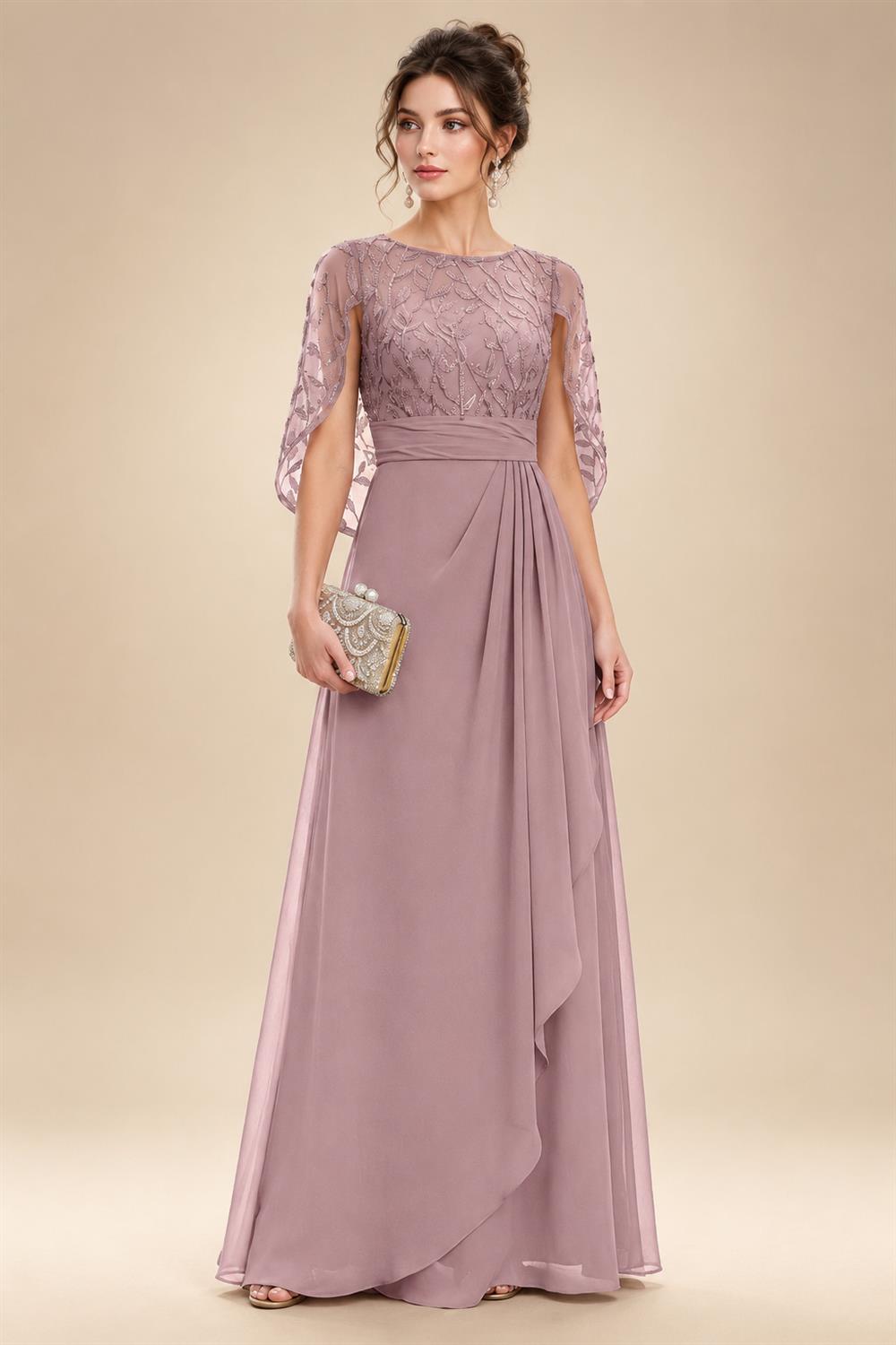 A-Line Chiffon Cape Sleeves Floor-Length Mother of the Bride & Groom Dresses with Floral Sequin Bodice (SHI22500691)