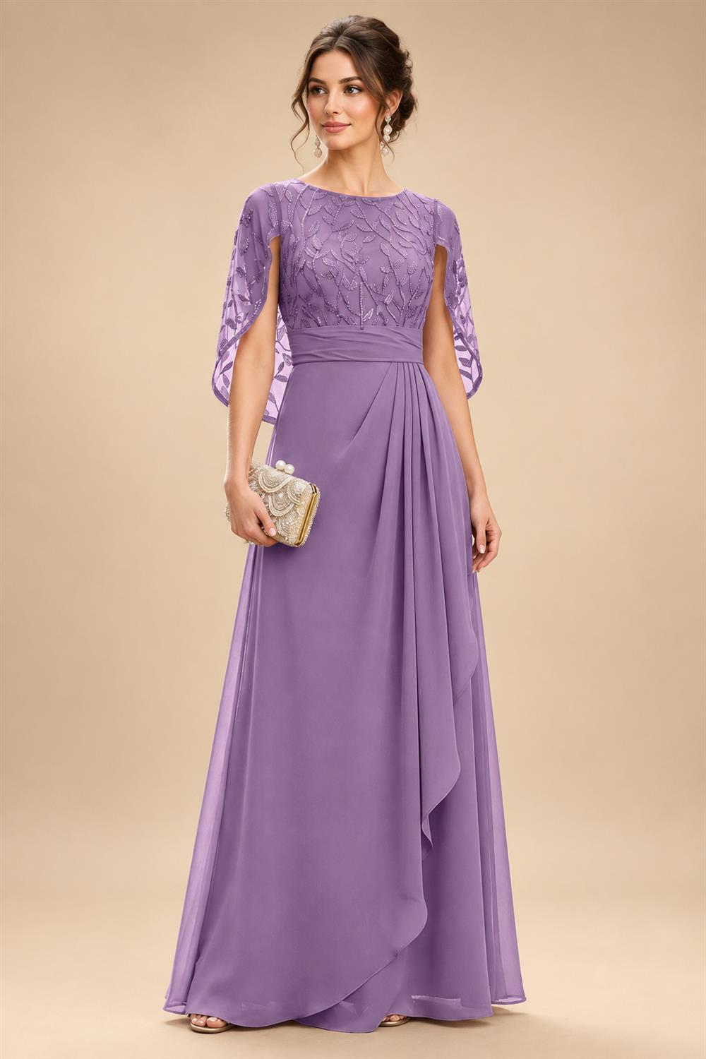 A-Line Chiffon Cape Sleeves Floor-Length Mother of the Bride & Groom Dresses with Floral Sequin Bodice (SHI22500691)