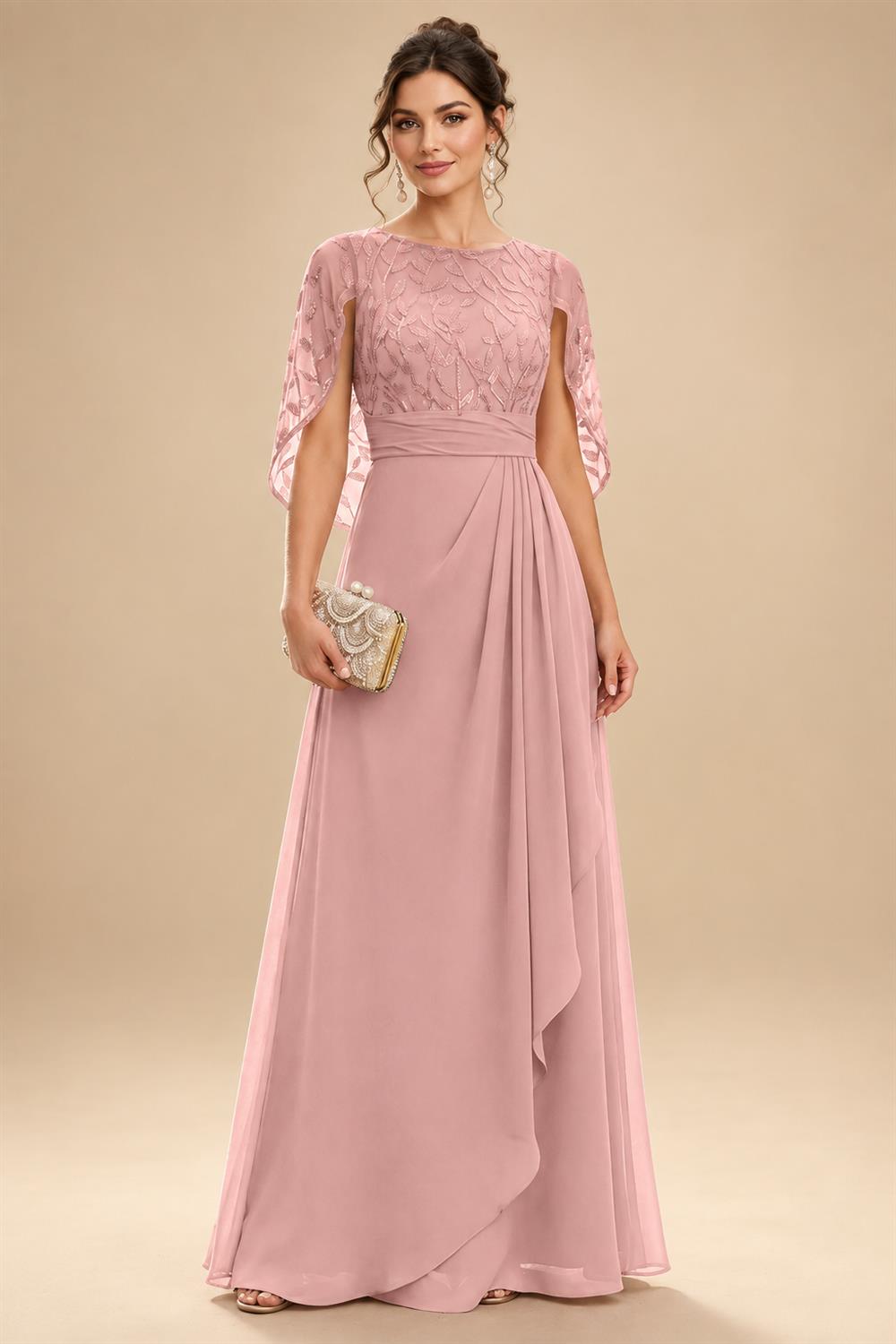A-Line Chiffon Cape Sleeves Floor-Length Mother of the Bride & Groom Dresses with Floral Sequin Bodice (SHI22500691)