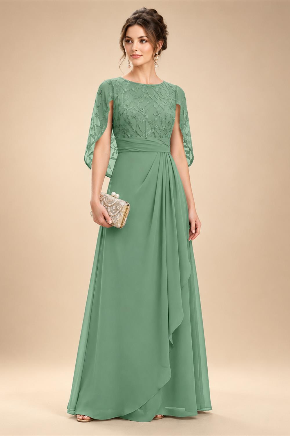 A-Line Chiffon Cape Sleeves Floor-Length Mother of the Bride & Groom Dresses with Floral Sequin Bodice (SHI22500691)