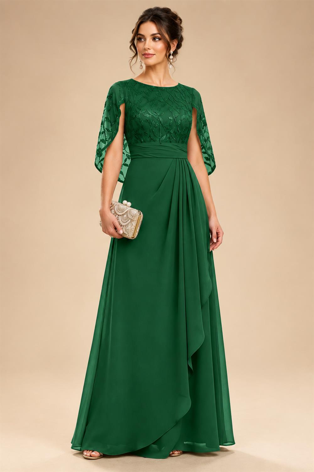 A-Line Chiffon Cape Sleeves Floor-Length Mother of the Bride & Groom Dresses with Floral Sequin Bodice (SHI22500691)