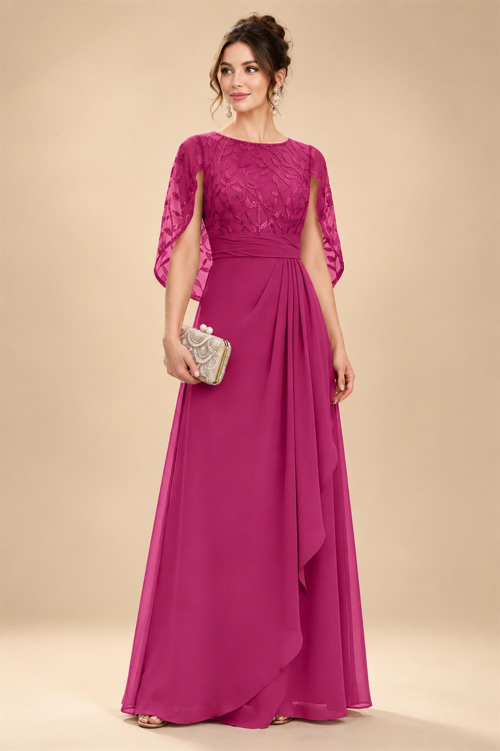 A-Line Chiffon Cape Sleeves Floor-Length Mother of the Bride & Groom Dresses with Floral Sequin Bodice (SHI22500691)