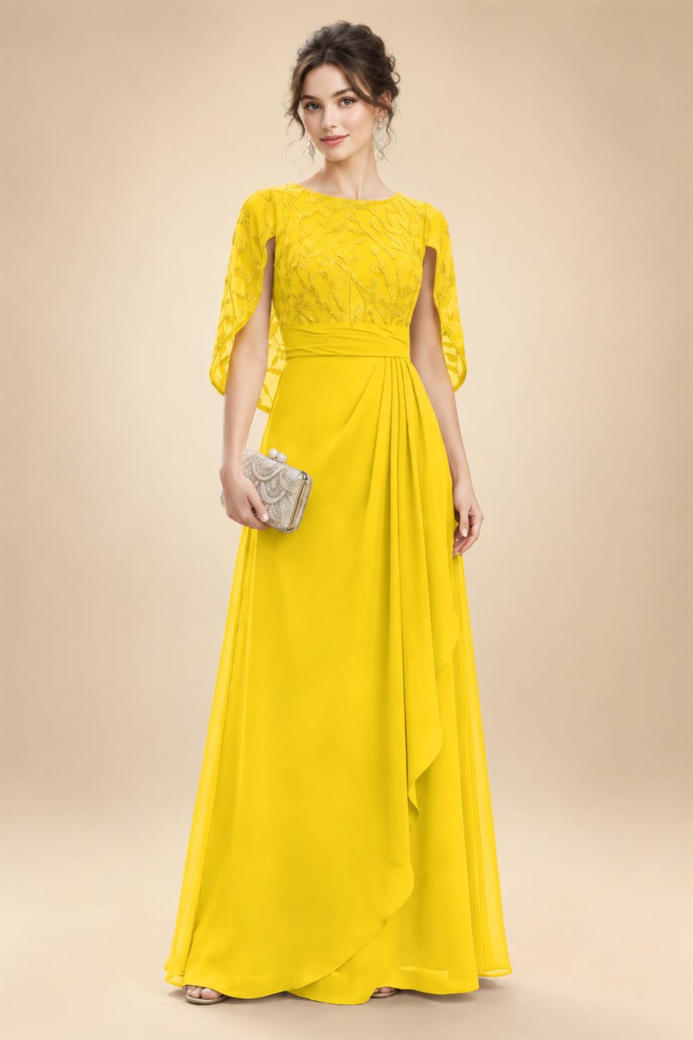 A-Line Chiffon Cape Sleeves Floor-Length Mother of the Bride & Groom Dresses with Floral Sequin Bodice (SHI22500691)