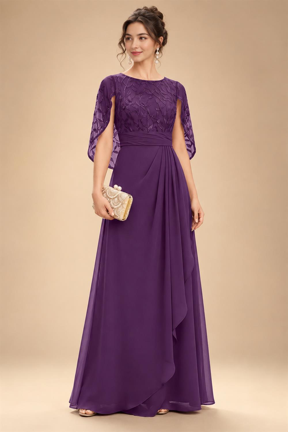 A-Line Chiffon Cape Sleeves Floor-Length Mother of the Bride & Groom Dresses with Floral Sequin Bodice (SHI22500691)