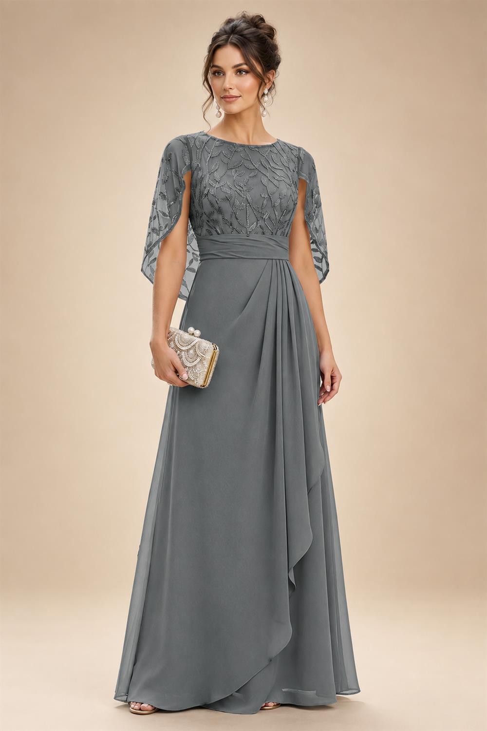A-Line Chiffon Cape Sleeves Floor-Length Mother of the Bride & Groom Dresses with Floral Sequin Bodice (SHI22500691)