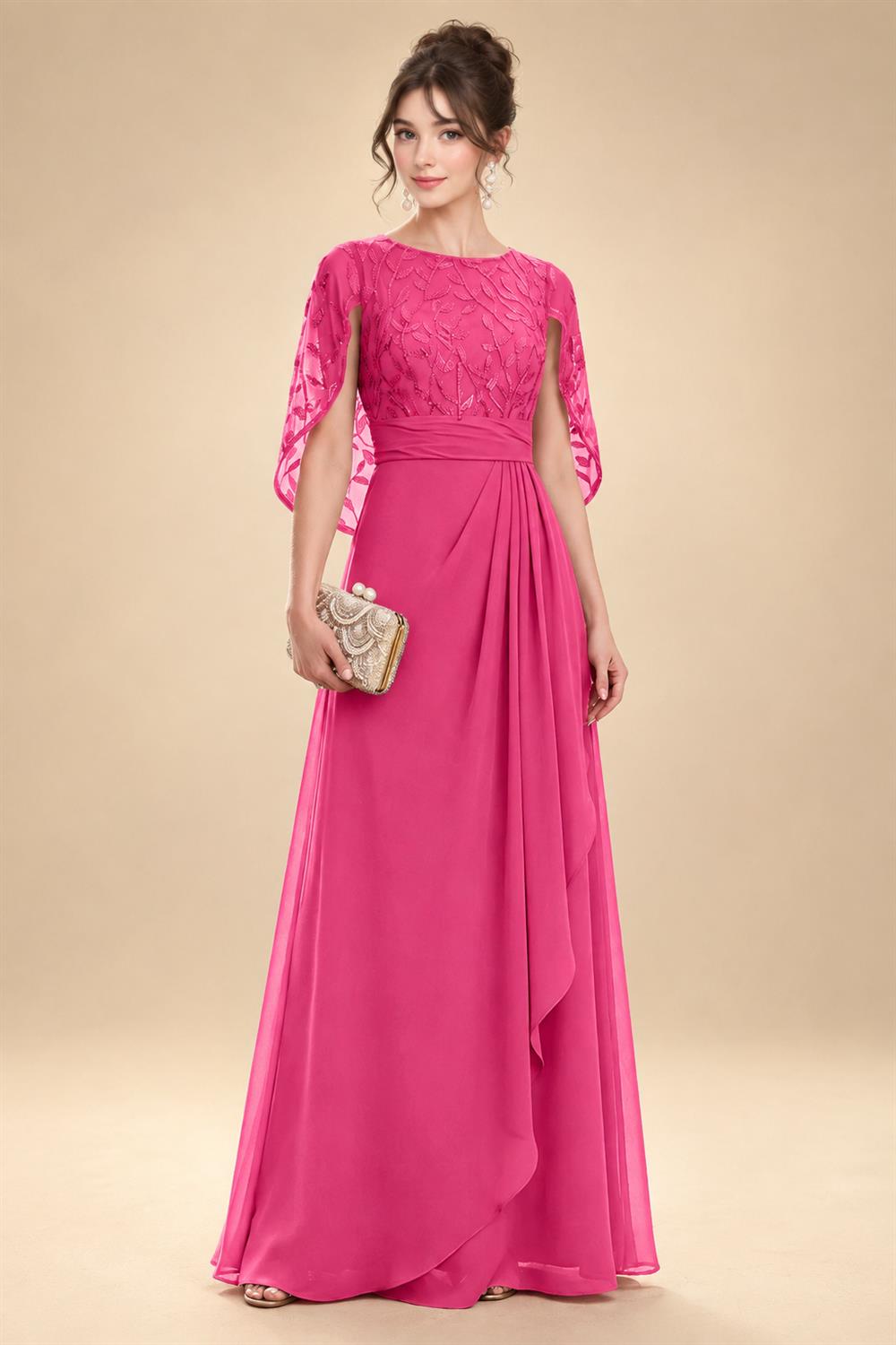 A-Line Chiffon Cape Sleeves Floor-Length Mother of the Bride & Groom Dresses with Floral Sequin Bodice (SHI22500691)