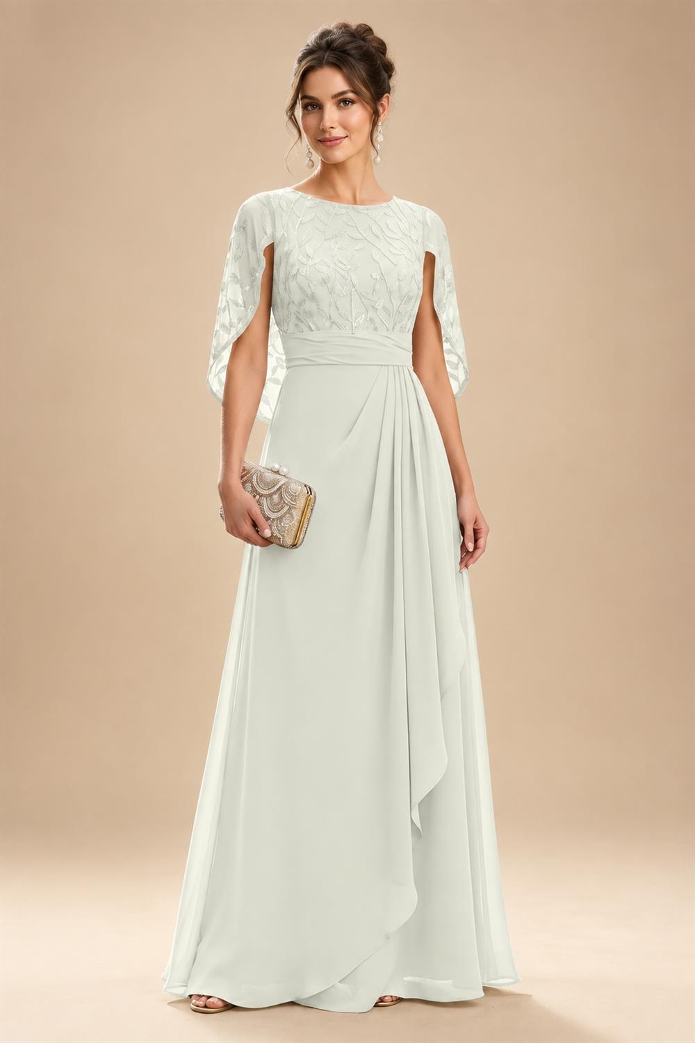 A-Line Chiffon Cape Sleeves Floor-Length Mother of the Bride & Groom Dresses with Floral Sequin Bodice (SHI22500691)
