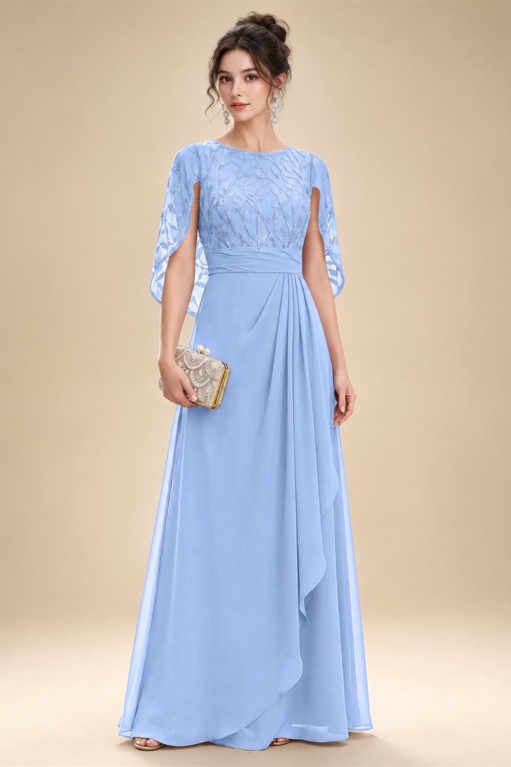 A-Line Chiffon Cape Sleeves Floor-Length Mother of the Bride & Groom Dresses with Floral Sequin Bodice (SHI22500691)