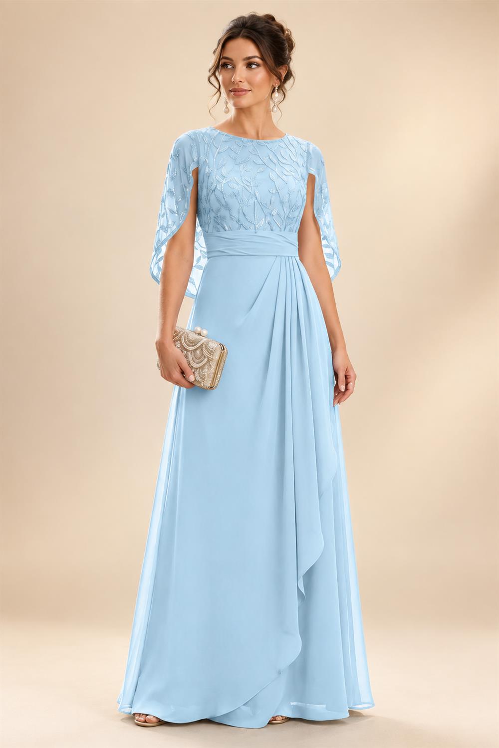 A-Line Chiffon Cape Sleeves Floor-Length Mother of the Bride & Groom Dresses with Floral Sequin Bodice (SHI22500691)