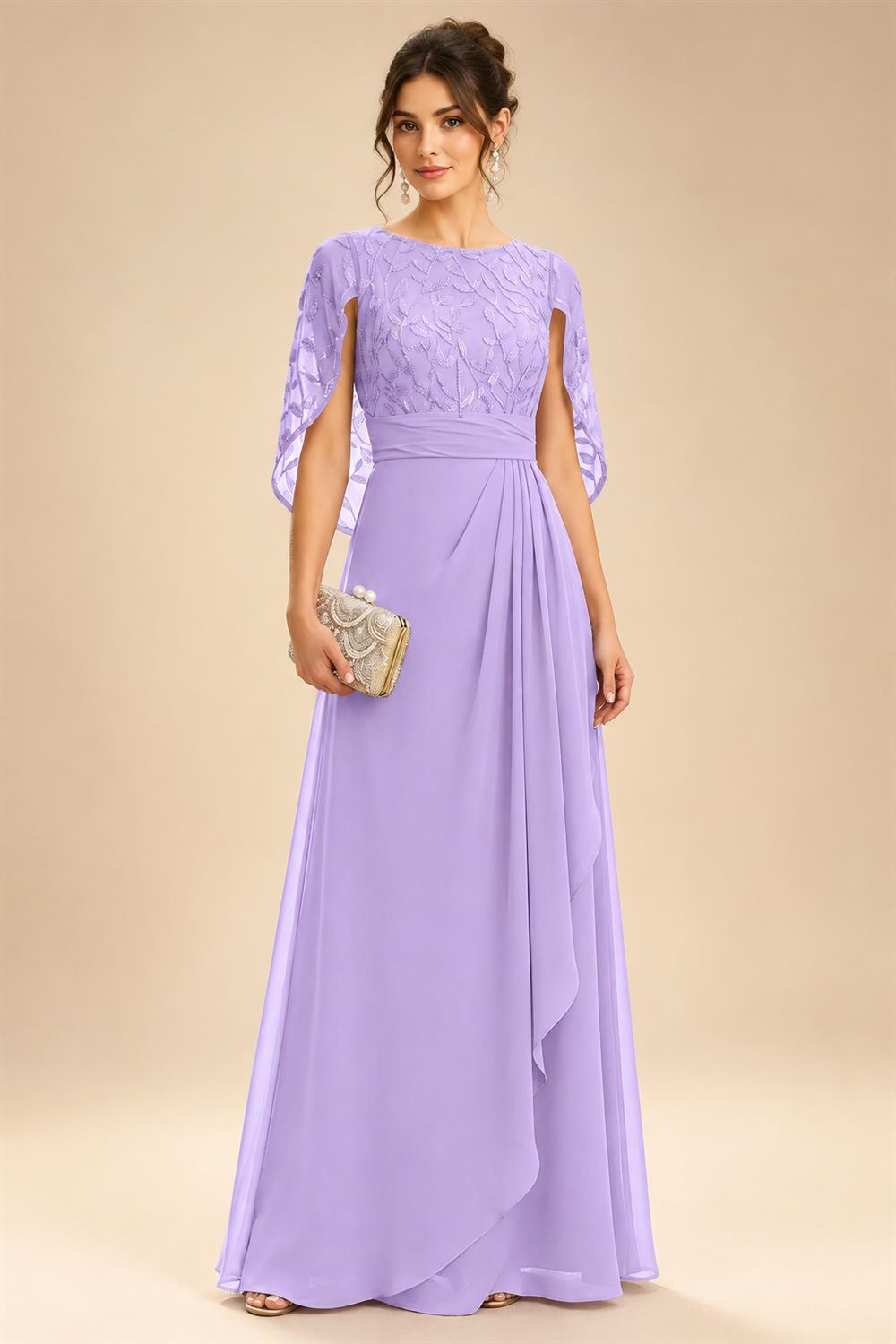 A-Line Chiffon Cape Sleeves Floor-Length Mother of the Bride & Groom Dresses with Floral Sequin Bodice (SHI22500691)