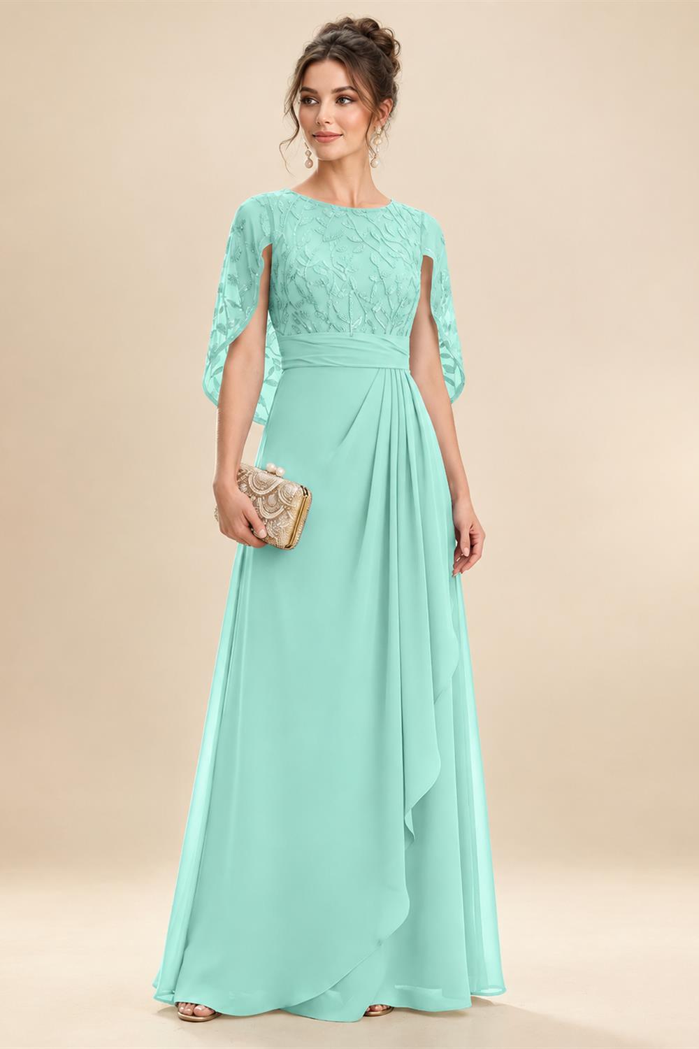 A-Line Chiffon Cape Sleeves Floor-Length Mother of the Bride & Groom Dresses with Floral Sequin Bodice (SHI22500691)