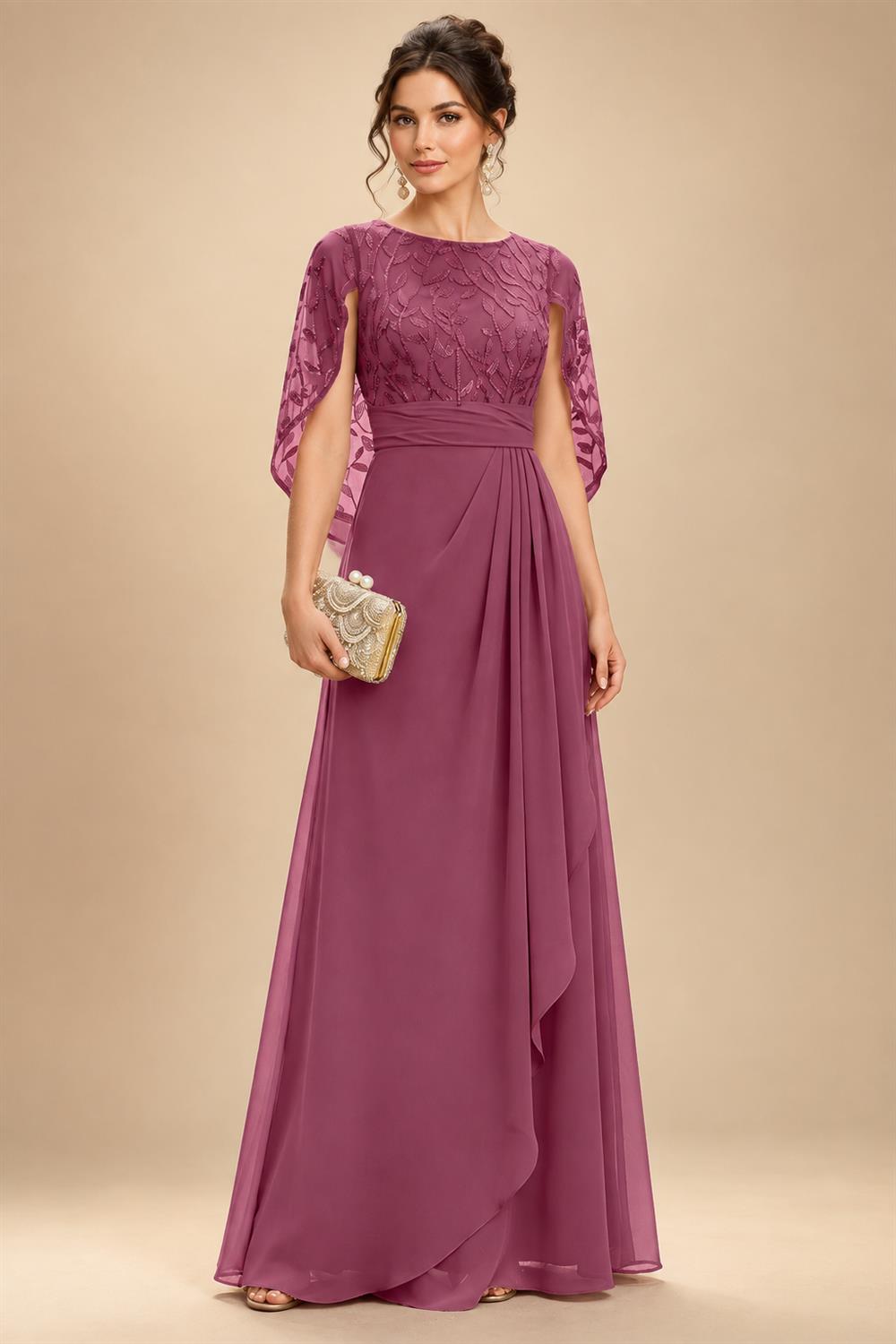 A-Line Chiffon Cape Sleeves Floor-Length Mother of the Bride & Groom Dresses with Floral Sequin Bodice (SHI22500691)