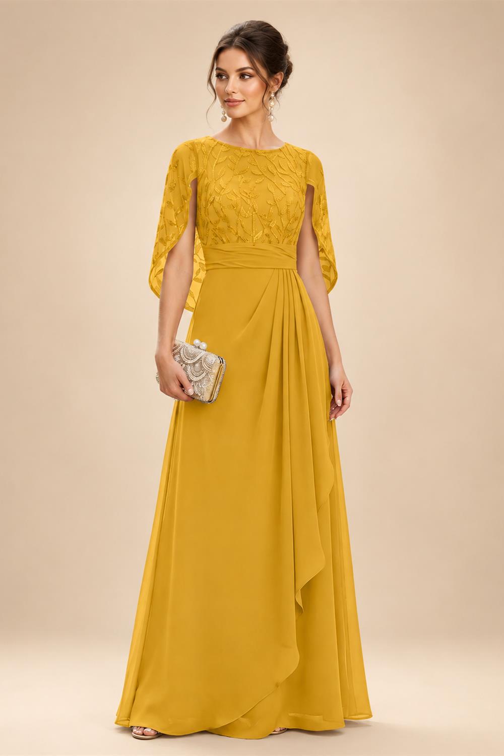 A-Line Chiffon Cape Sleeves Floor-Length Mother of the Bride & Groom Dresses with Floral Sequin Bodice (SHI22500691)