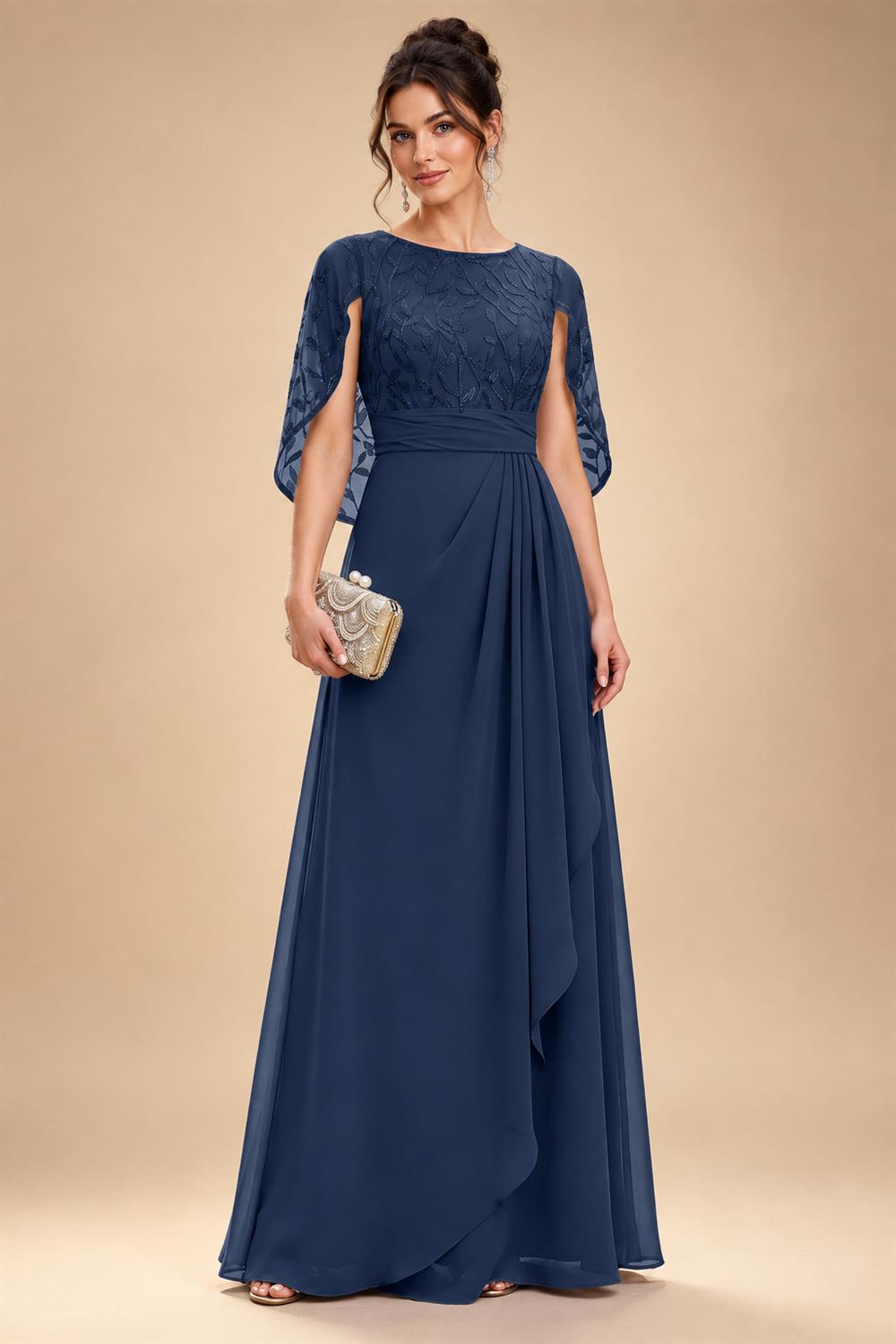 A-Line Chiffon Cape Sleeves Floor-Length Mother of the Bride & Groom Dresses with Floral Sequin Bodice (SHI22500691)